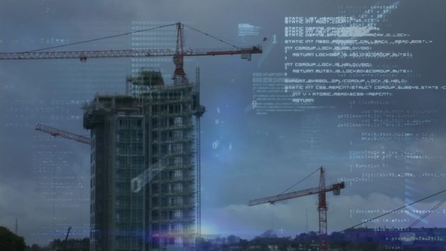 Animation depicts technological data overlay integrated with modern construction processes. Showing a city skyline with prominent skyscrapers and tower cranes, ideal for presentations on digital transformation in architecture, smart cities, urban planning, fusion of technology with construction, or educational resources on tech-driven building strategies.