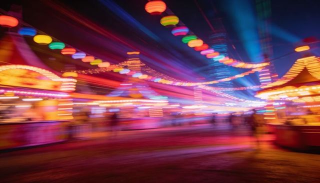 Streaking colorful lanterns and neon booths illuminating night carnival midway
