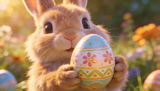 Fluffy bunny holding decorated easter egg and gazing in sunlit meadow with floral bokeh