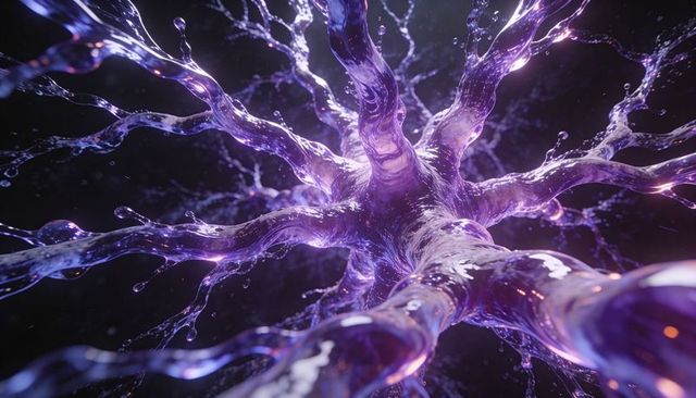 Glowing Violet Liquid Neuron with Branching Tendrils, Iridescent Filaments and Droplets
