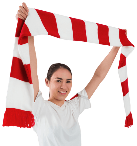 Happy Young Woman Holding Red and White Scarf Transparent Background