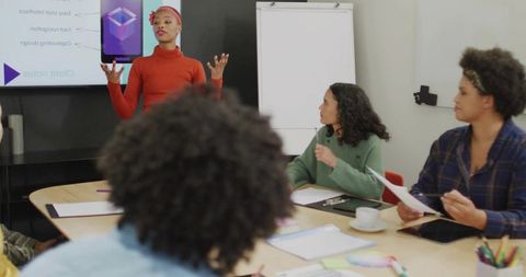 Confident professional hosting business meeting presentation