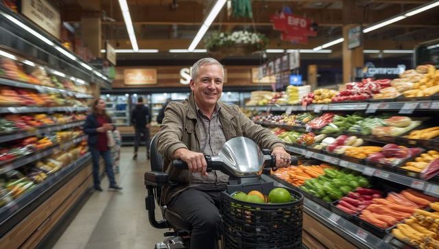 Senior man driving mobility scooter down supermarket produce aisle with fruit basket