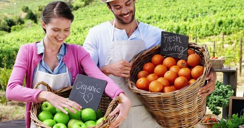 Young Farmers Arranging Organic Fruits at Market Stall