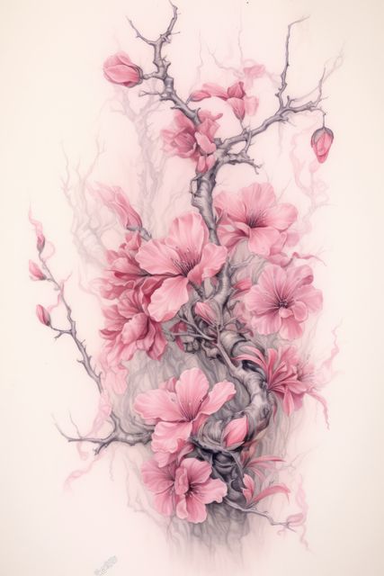 Pink blossom on pink background, created using generative ai technology. Flower, spring, nature, colour and drawing concept digitally generated image.