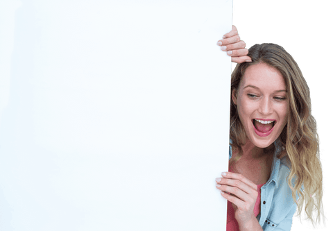 smiling woman holding big blank transparent poster looking excited - Download Free Stock Videos Pikwizard.com