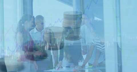 Business collaboration with financial data and graphs overlay