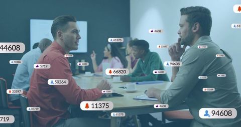 Business team discussing strategy with floating social analytics overlays in boardroom