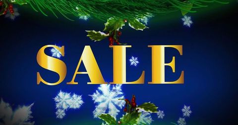 Golden Sale Holiday Letters on Blue Background with Snowflakes