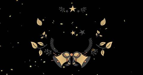 Minimal metallic golden bell emblem on black background with laurel ribbon and stars