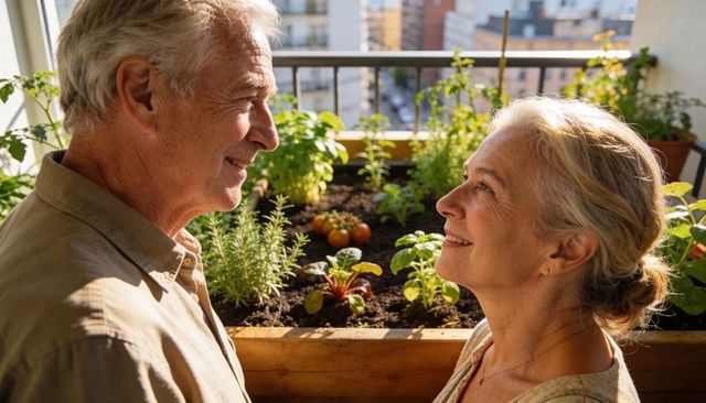 Senior couple tending urban balcony herb garden with tomatoes and wooden planter