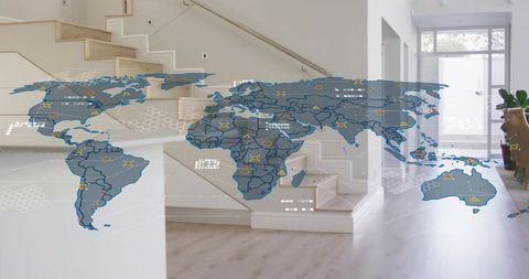 Holographic world map overlay in minimal modern home entry with staircase and data icons