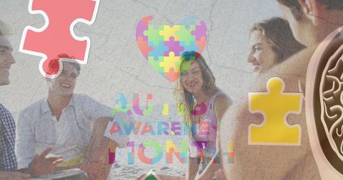 Celebrating Autism Awareness: Friends Beach Gathering with Puzzle Symbols