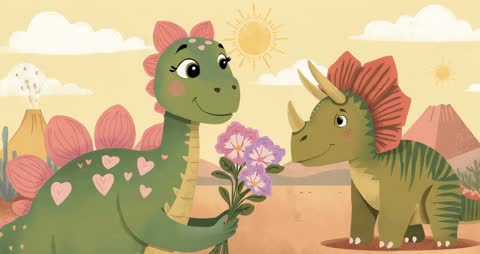 Friendly Nature Encounter Between Cute Dinosaurs in Desert Landscape