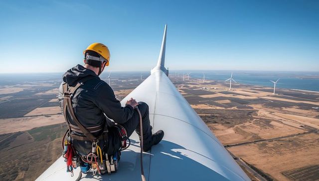 Wind turbine technician inspecting blade on rural wind farm
