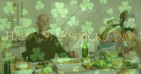 Friends Enjoying St. Patrick's Day Celebration with Drinks and Clover Overlay