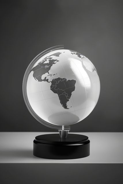 Modern black and white desk globe on a sleek black stand resting on a shelf. Perfect for office decor, geography studies, or as an elegant display piece in a contemporary living space. Ideal for use in educational settings, travel-themed rooms, or sophisticated interior design.