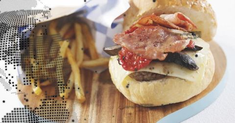 Gourmet Burger with Beef Patty and Fries Display