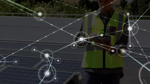 Connected Technician Installing Solar Panels Network Animation