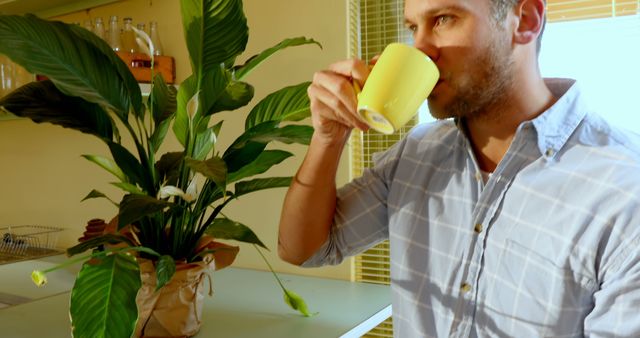 Caucasian male customer drinking coffee at table in sunny cafe, copy space. Cafe, small business and lifestyle, unaltered.