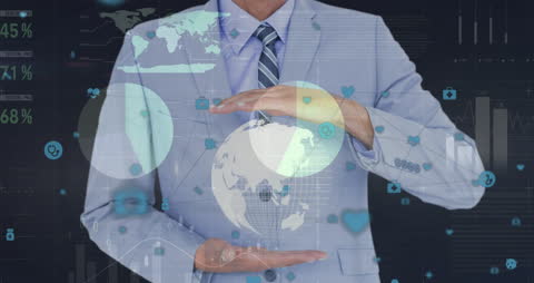 Businessman Holding Digital Globe with Data Analytics Hologram