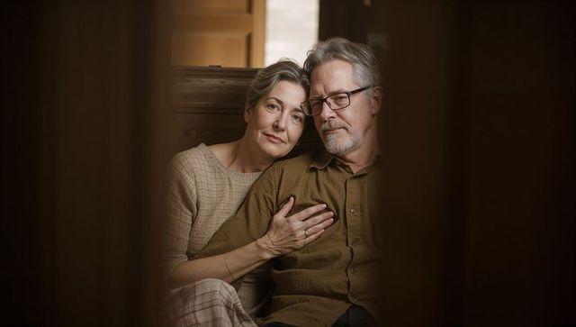 Mature couple leaning on wooden bench at home, embracing with gentle affectionate warmth