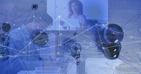 Hybrid office team presenting with abstract network overlay for data collaboration and ai visualizat