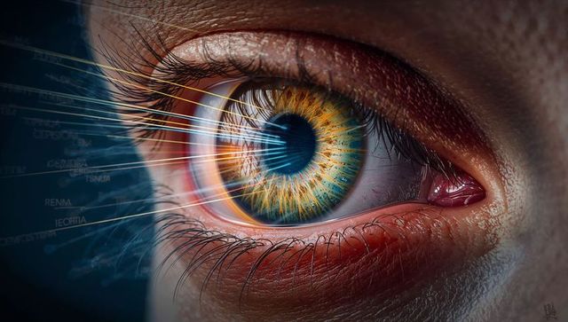 Cybernetic Iris Scan Macro Closeup Showing Vivid Multicolor Iris and Data Beams