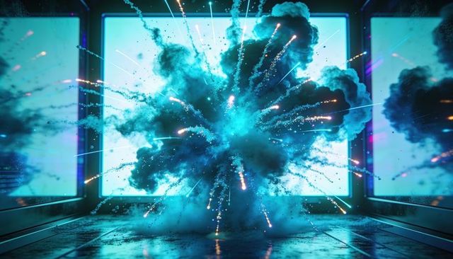 Neon teal explosion of smoke and radial sparks filling futuristic lab chamber, backlit panels