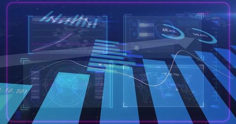 Futuristic holographic analytics dashboard projecting layered neon panels and world map