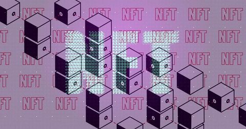 Digital Blocks and NFT Text Overlay on Purple Background