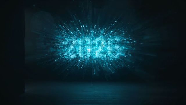 Glowing holographic 2020 numerals bursting into binary particles over dark neon stage