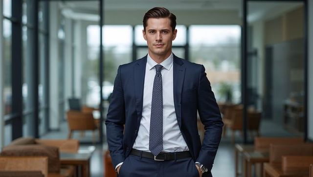 Confident young businessman standing in modern office lobby wearing navy suit