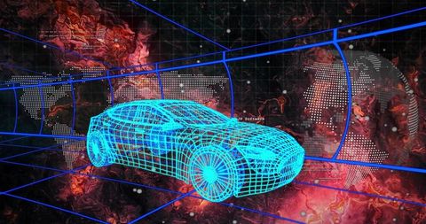Neon wireframe car rotating in futuristic digital tunnel with globe data nodes