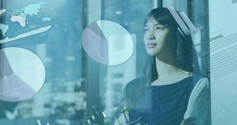 Gazing Businesswoman Through Office Window with Digital Analytics Overlays