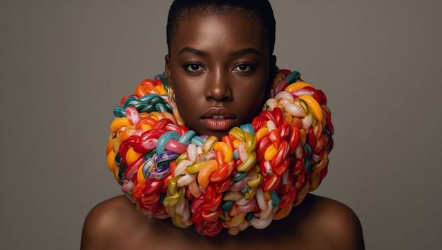 Striking fashion portrait woman wearing colorful sculptural braided neckpiece with gold hoops