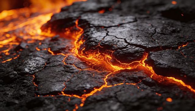 Glowing molten lava flow revealing cracked basalt crust close-up with ember detail