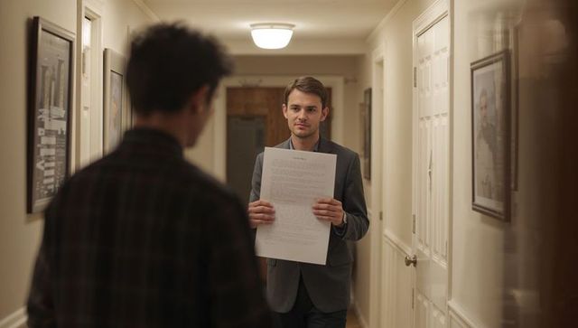 Man holding document and addressing person in narrow hallway, professional interaction
