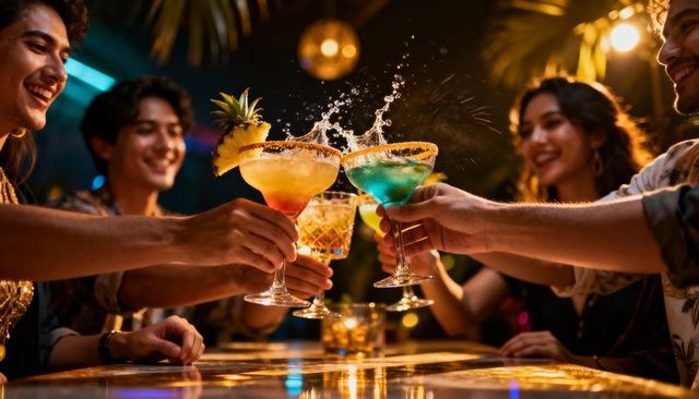 Friends clinking tropical cocktails at bar celebrating nightlife party splash