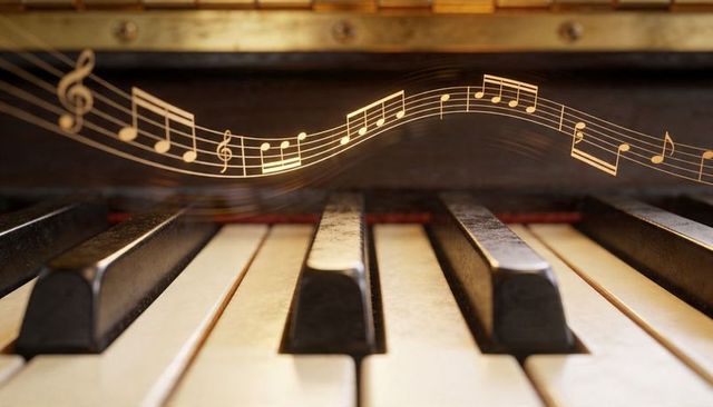 Worn piano keys with glowing musical staff overlay, warm vintage close-up texture