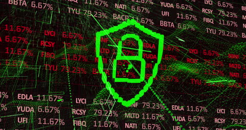 Digital Data Encryption with Shield Icon on Matrix Code Background