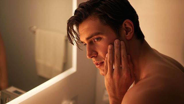 Inspecting skin in backlit mirror while grooming at vanity, contemplative male skincare