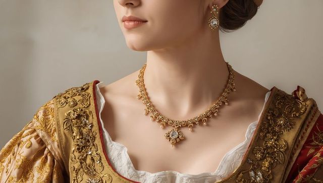 Woman wearing gold embroidered bodice displaying antique necklace and lace chemise