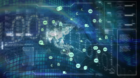 Digital Network and Financial Data Overlays on Globe Background