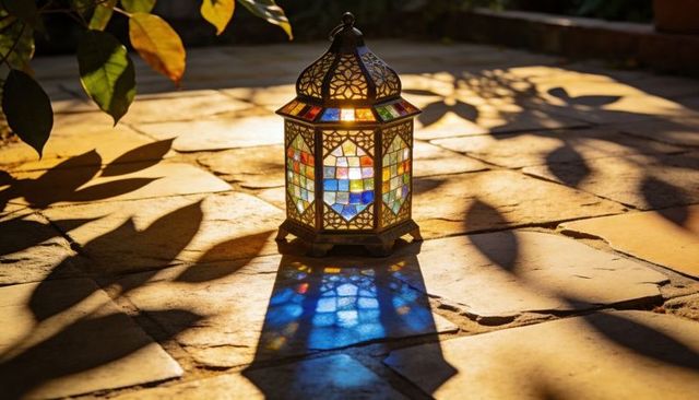 Glowing hexagonal stained glass lantern casting vibrant reflections on golden stone patio