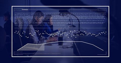 Collaborating team monitoring laptops with cybersecurity hud overlay and data analytics