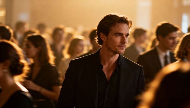 Man standing in dark suit watching golden ballroom crowd at elegant gala reception