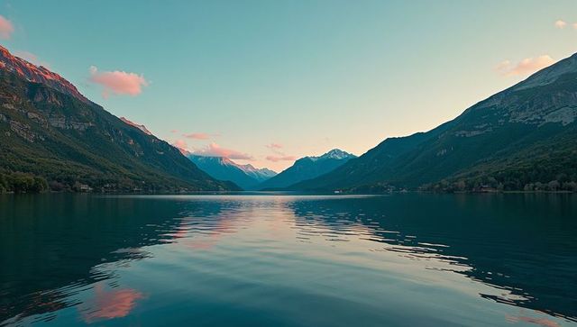 Serene Alpine Lake with Pastel Clouds and Snow-Capped Peaks