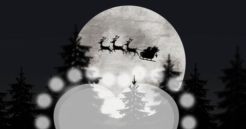 Santa sleigh silhouette under full moon in forest
