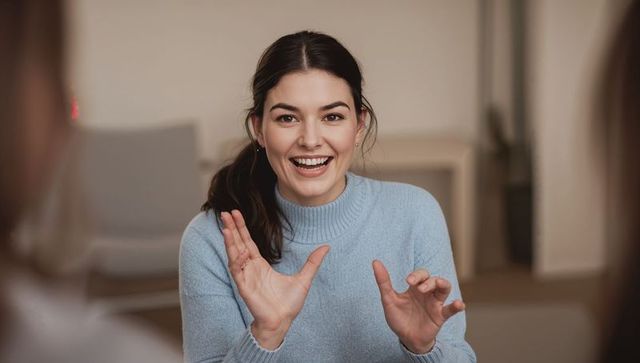 Young woman smiling and gesturing while talking in cozy lounge wearing light blue sweater